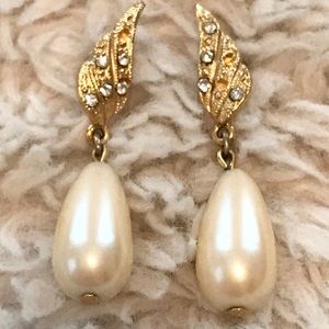 Gold Crystal Embellished Leaf & Pearl Earrings